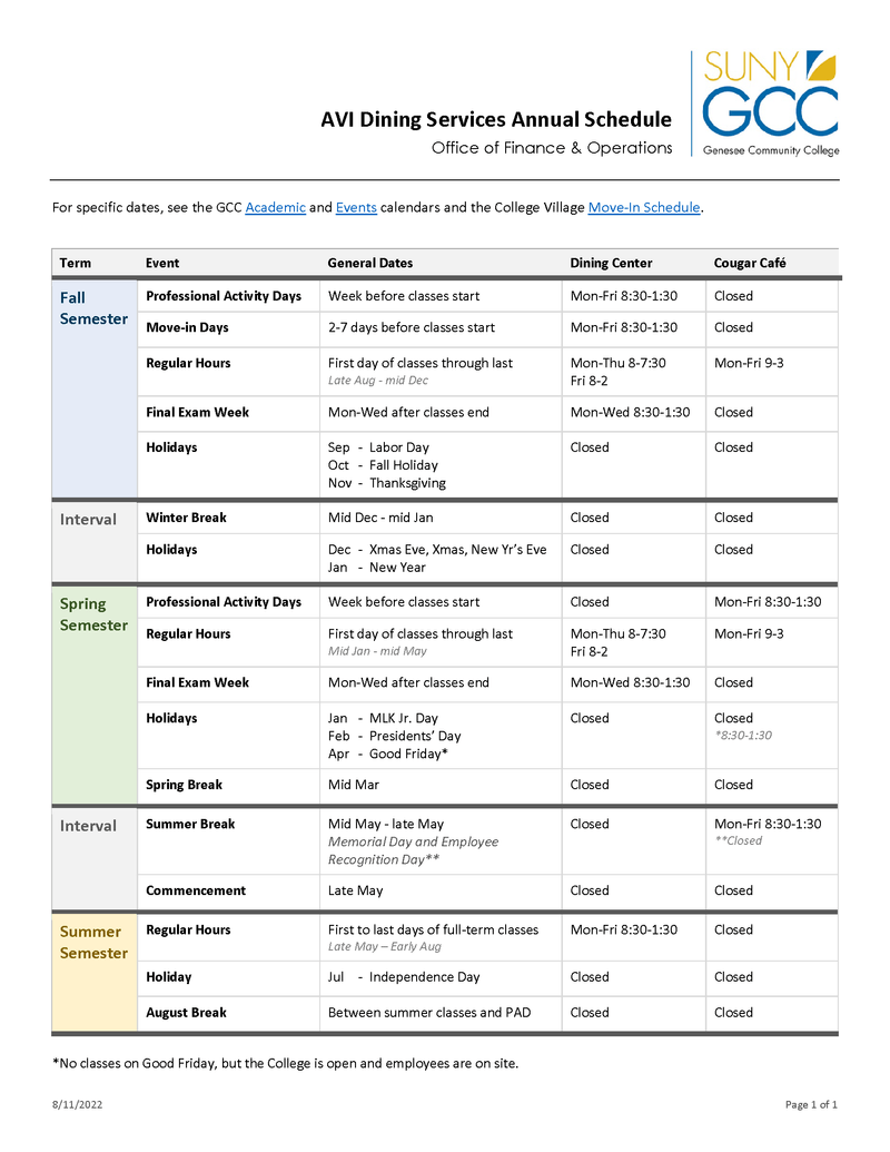 Dining Services Schedule