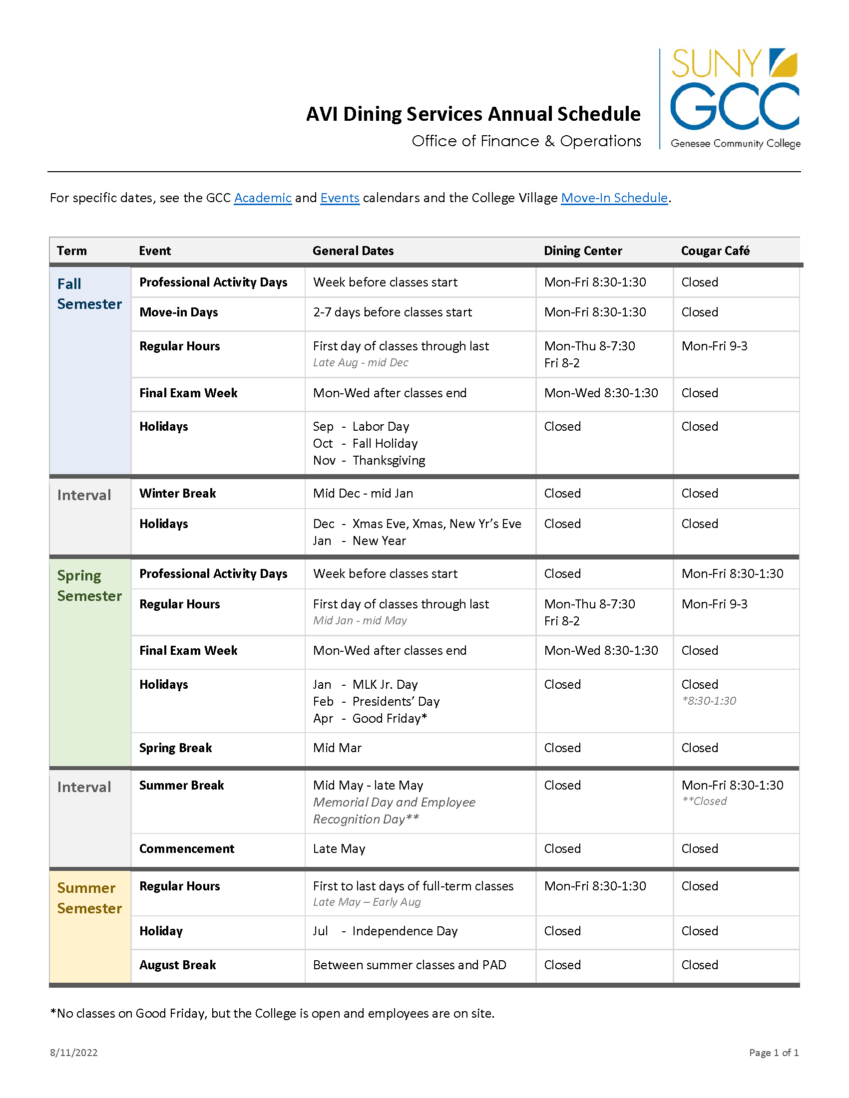 Dining Services Schedule